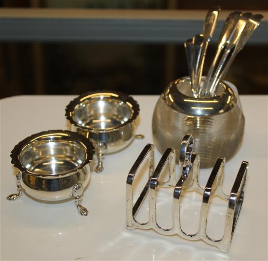 Pair silver salts, match tidy and 4 spoons, toastrack